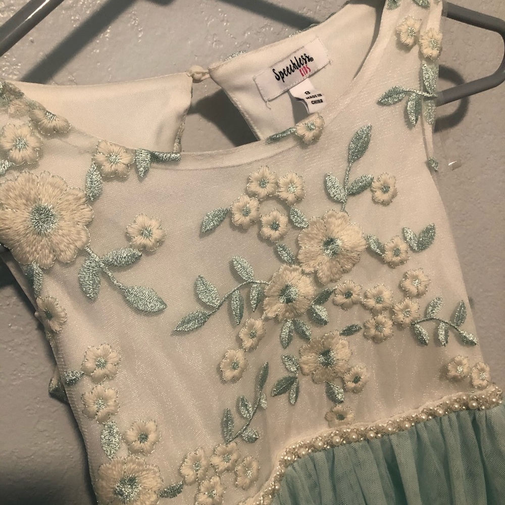Girls Light Blue/White Floral Sequin Dress - Picture 4 of 4